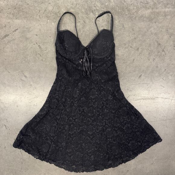 Vintage Y2k Black Full Lace Sheer Bow Coquette Cami Tank Top Lingerie Dress S - Picture 1 of 5